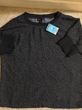 NWT Adrienne Vittadini Black Polka Dot Short Sleeve Blouse ribbed cuff size smal